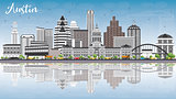 Austin Skyline with Gray Buildings, Blue Sky and Reflections.