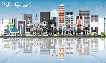 Belo Horizonte Skyline with Gray Buildings, Blue Sky and Reflect