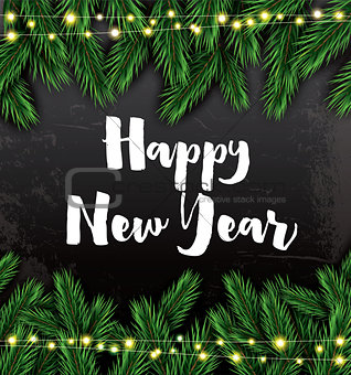 Happy New Year. Greeting Card with Fir Branches and Neon Garland