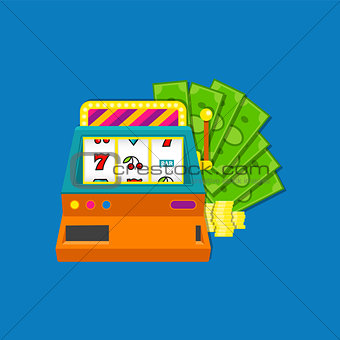 Slot machine flat vector illustration with bundle of cash aid coins. Colored on blue background.