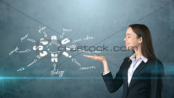 Beauty girl in a suit holding on palm hand painted business concept structure. Concept of a successful businesswoman.