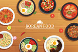korean food on a wooden table background. Vector illustration to