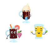 Set of funny characters from mulled wine, cider, coffee with cream.