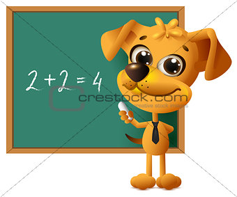 Yellow dog teacher stands at blackboard. Math lesson two plus two equals four