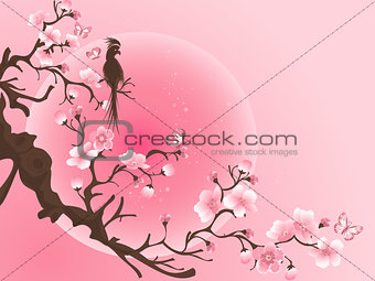Cherry blossom tree with bird. Japanese Vector art