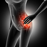 3D female figure holding hip in pain with skeleton highlighted