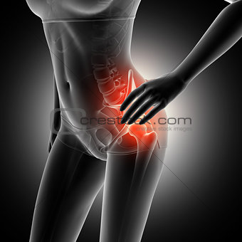 3D female figure holding hip in pain with skeleton highlighted