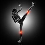 3D female figure in kick boxing pose with knee joints highlighte