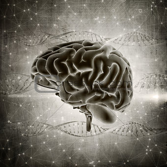 3D grunge style brain image on a DNA strands background