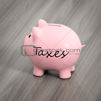 a pink piggy bank with the word taxes