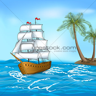 vintage sailing ship in the sea against the backdrop of palm tre