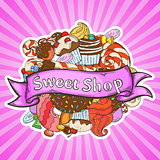 Label sweet shop. Swirl candy, chocolate, lollipop, caramel, cream.