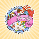 Label sweet shop. Swirl candy, chocolate, lollipop, caramel, cream.