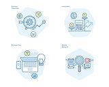 Set of concept line icons for business plan and objectives, market research, investment
