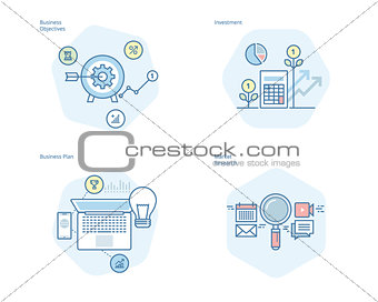 Set of concept line icons for business plan and objectives, market research, investment