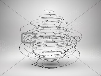 Wireframe mesh element. Abstract swirl form with connected lines and dots.