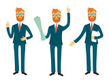 Businessman cartoon character in different poses for business presentation vector set. Successful man shows and tells illustration