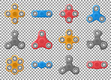 Set of Hand spinner toys. realistic yellow, red and gray spinner vector icons isolated on transparent background