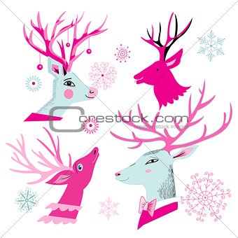 Vector christmas set of deer heads 