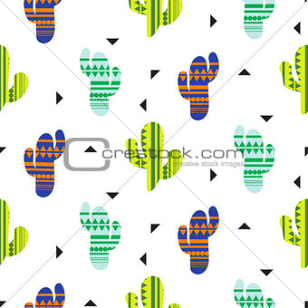Cacti tribal vector seamless pattern. Mexican style color cacti textile print.