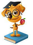 Yellow dog teacher holding red apple