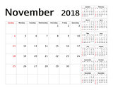 Simple calendar planner for 2018 year. Vector design November template. Set of 12 months. Week starts sunday. Calendar planning week.