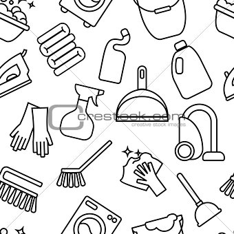 Cleaning, wash line icons. Washing machine, sponge, mop, iron, vacuum cleaner, shovel clining background. Order in the house thin linear backdrop for cleaning.
