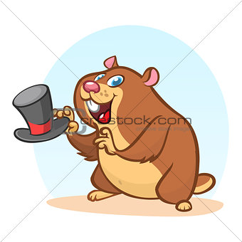 Happy Groundhog Day. Vector illustration with cartoon grounhog holding hat