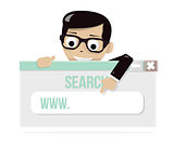 Young boy looking on simple browser window. Your website in the search line. Happy character. Flat vector stock illustration.