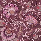 Floral pattern Flourish tiled oriental ethnic background. Purple arabic ornament with fantastic flowers and leaves. Wonderland motives of the paintings of ancient Indian fabric patterns