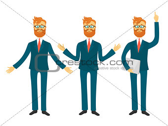 Businessman cartoon character in different poses for business presentation vector set. Successful man shows and tells illustration