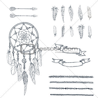 Set of hand drawn ornate Dreamcatcher, feathers, arrows, ribbons and canvas in contour. Ethnic tribal element. Vector illustration