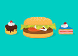 big calories concept with hamburger and cakes