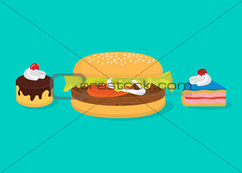 big calories concept with hamburger and cakes