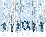 Children in snowy winter landscape are cheerful