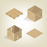 Realistic wooden box with pallet isometric, vector illustration.