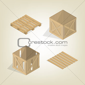 Realistic wooden box with pallet isometric, vector illustration.