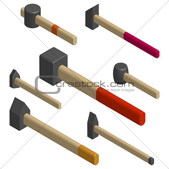 Set of different hammers in 3D, vector illustration.