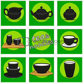 Chinese utensils icon set. Tea and noodles.