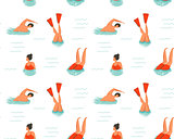 Hand drawn vector abstract cartoon summer time fun illustration seamless pattern with swimming people isolated on white background