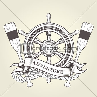 Vintage steering wheel and oars - nautical emblem with handwheel