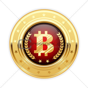 Bitcoin symbol on gold medal - cryptocurrency icon