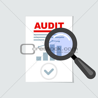 Auditing icon - magnifier on report, audit concept