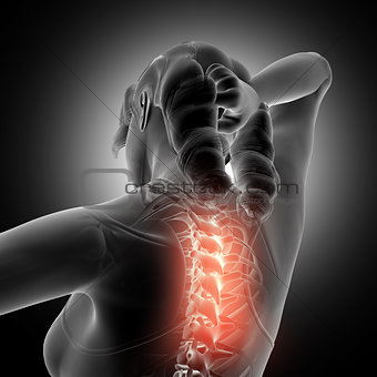 3D female figure holding neck with spine highlighted