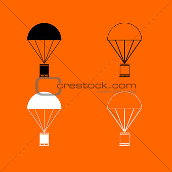 Parachute with cargo  black and white set icon .