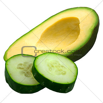 Half of avocado fruit and cucumber slices isolated