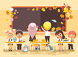 Vector illustration back to school cartoon characters schoolboy schoolgirls write on blackboard pupils apprentices studying in classroom sitting at staple with textbooks on flat style background