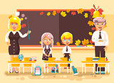 Vector illustration back to school cartoon characters schoolboy schoolgirls pupils apprentices teachers studying in classroom sitting at staple with textbooks on background blackboard flat style