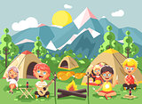 Vector illustration cartoon characters children boy sings playing guitar with girl scouts, camping on nature, hike tents and backpacks, adventure park outdoor background of mountains flat style
