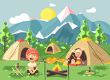 Vector illustration boy sings playing guitar nature national park landscape girl in tent bonfire chicken fried snack food camping hiking daytime sunny day outdoor background mountains flat style